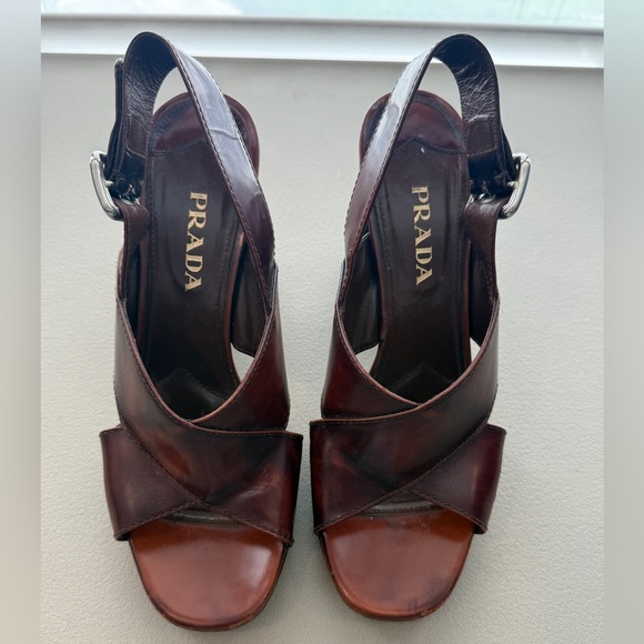 Prada Brown Leather Criscross Block Heel platform sandals - Picture 6 of 8